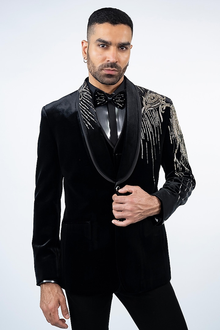 Black Velvet Hand Embroidered Tuxedo Set by ADANI at Pernia's Pop Up Shop