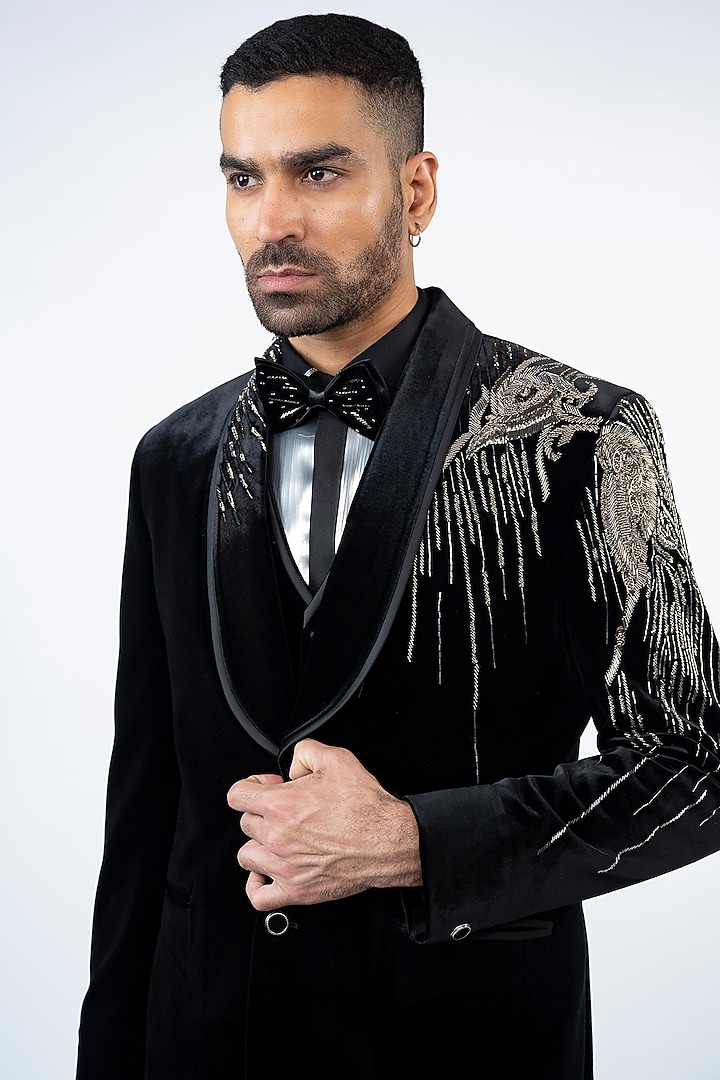 Black Velvet Hand Embroidered Tuxedo Set by ADANI at Pernia's Pop Up Shop