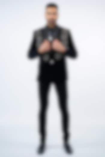 Black Cotton Velvet Moti Work Tuxedo Set by ADANI