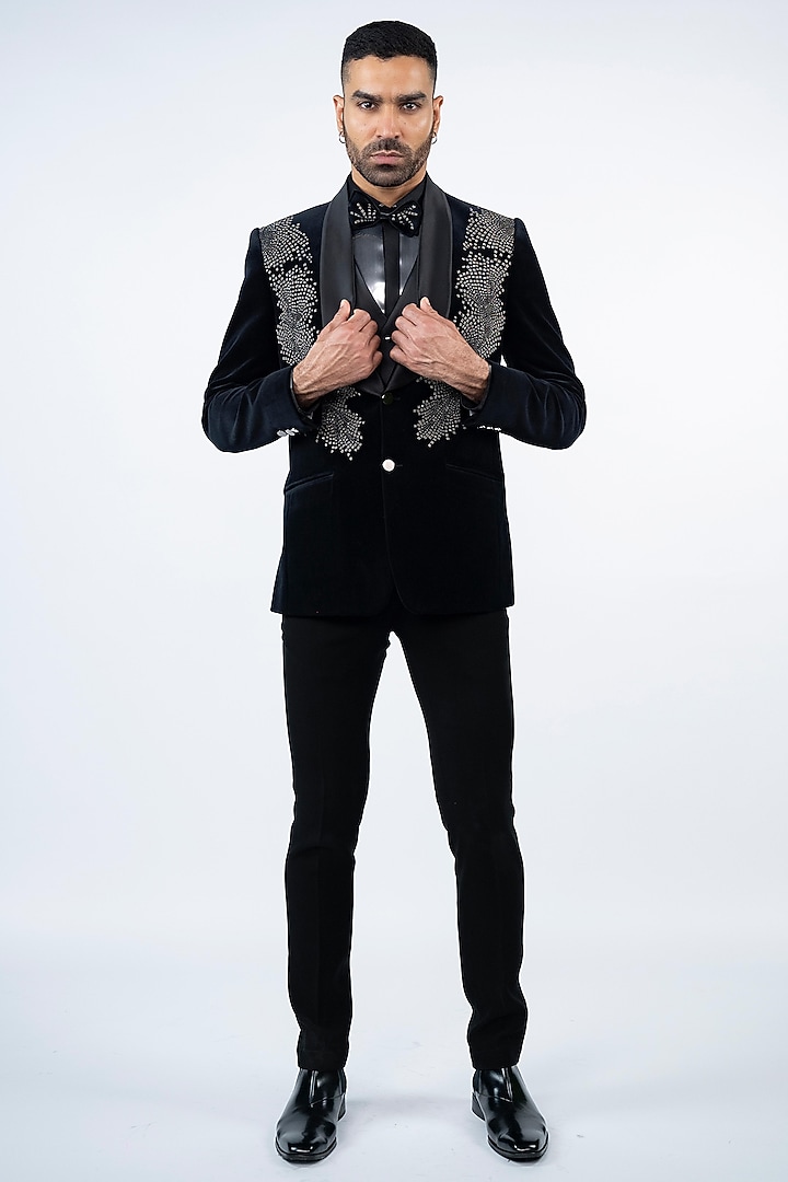 Black Cotton Velvet Moti Work Tuxedo Set by ADANI