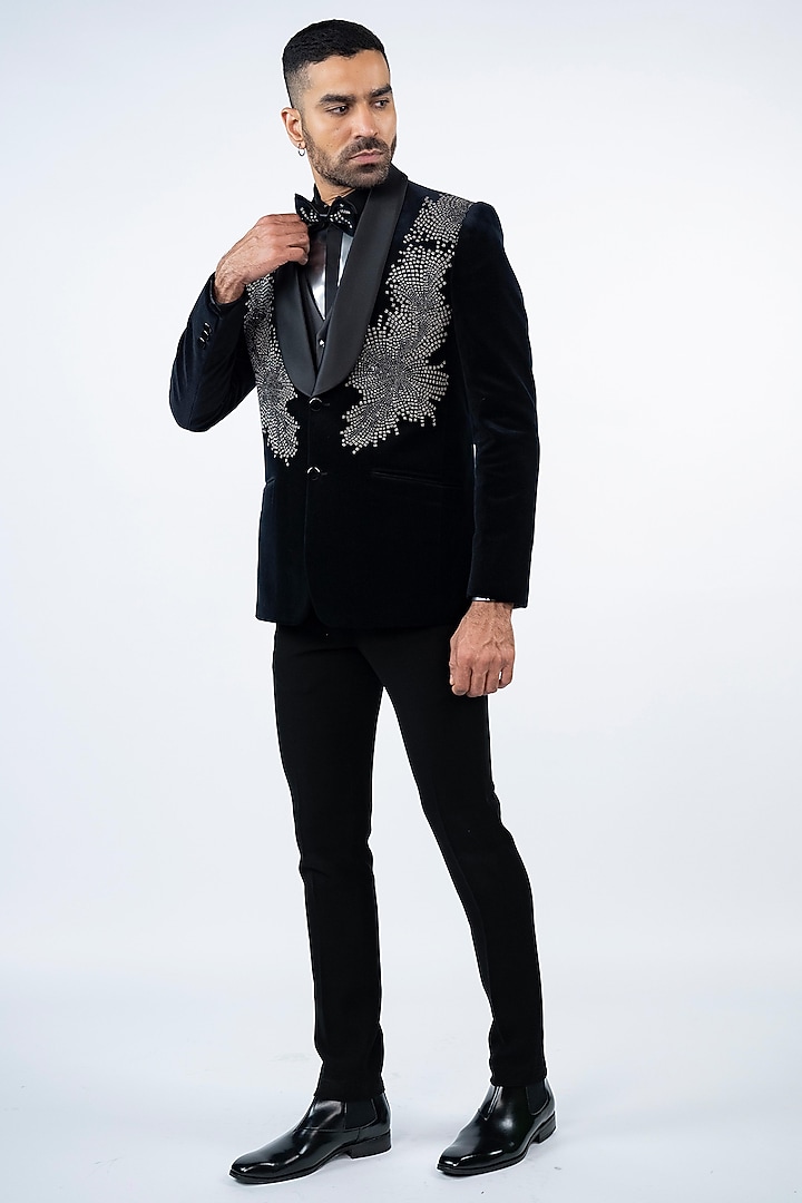 Black Cotton Velvet Moti Work Tuxedo Set by ADANI at Pernia's Pop Up Shop