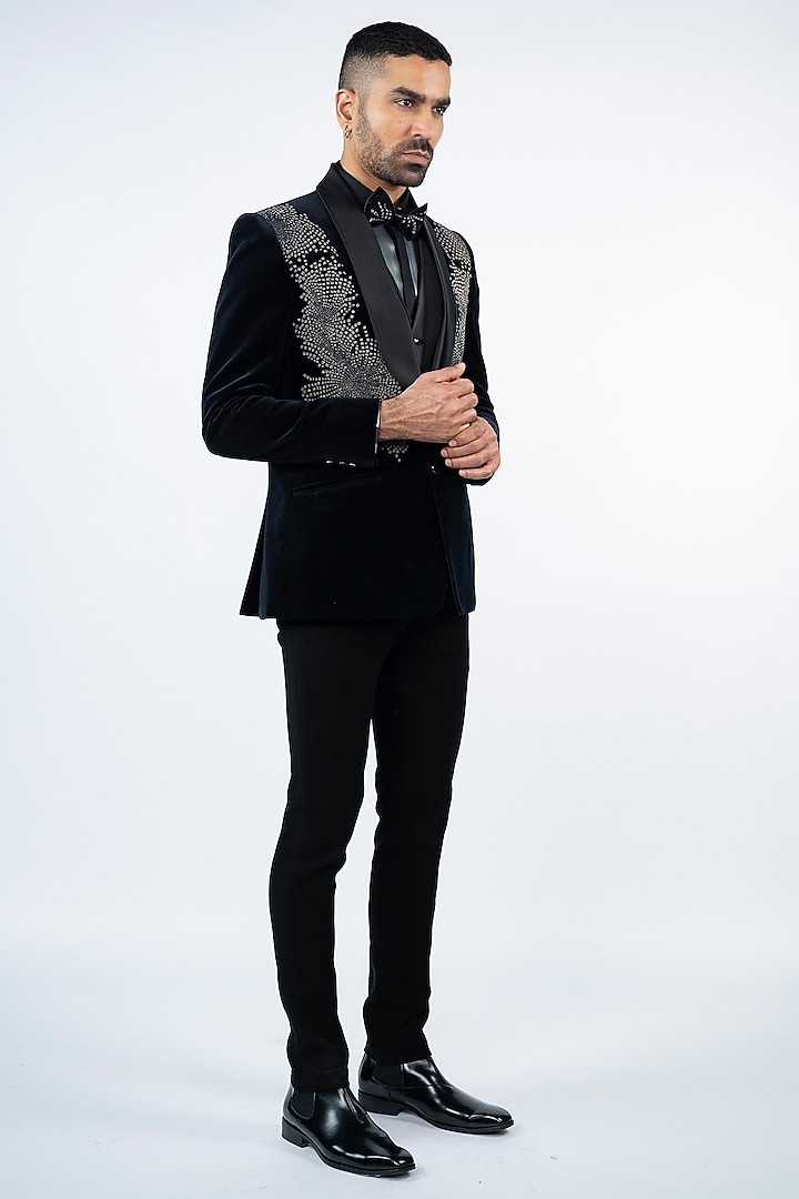 Black Cotton Velvet Moti Work Tuxedo Set by ADANI at Pernia's Pop Up Shop