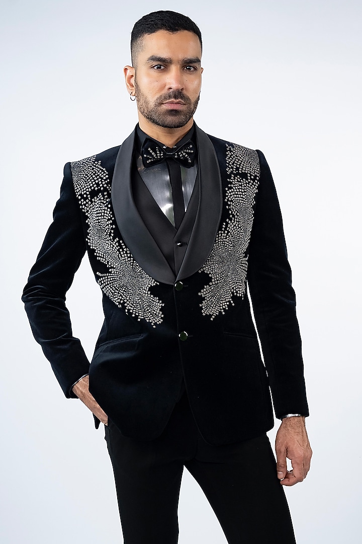 Black Cotton Velvet Moti Work Tuxedo Set by ADANI at Pernia's Pop Up Shop