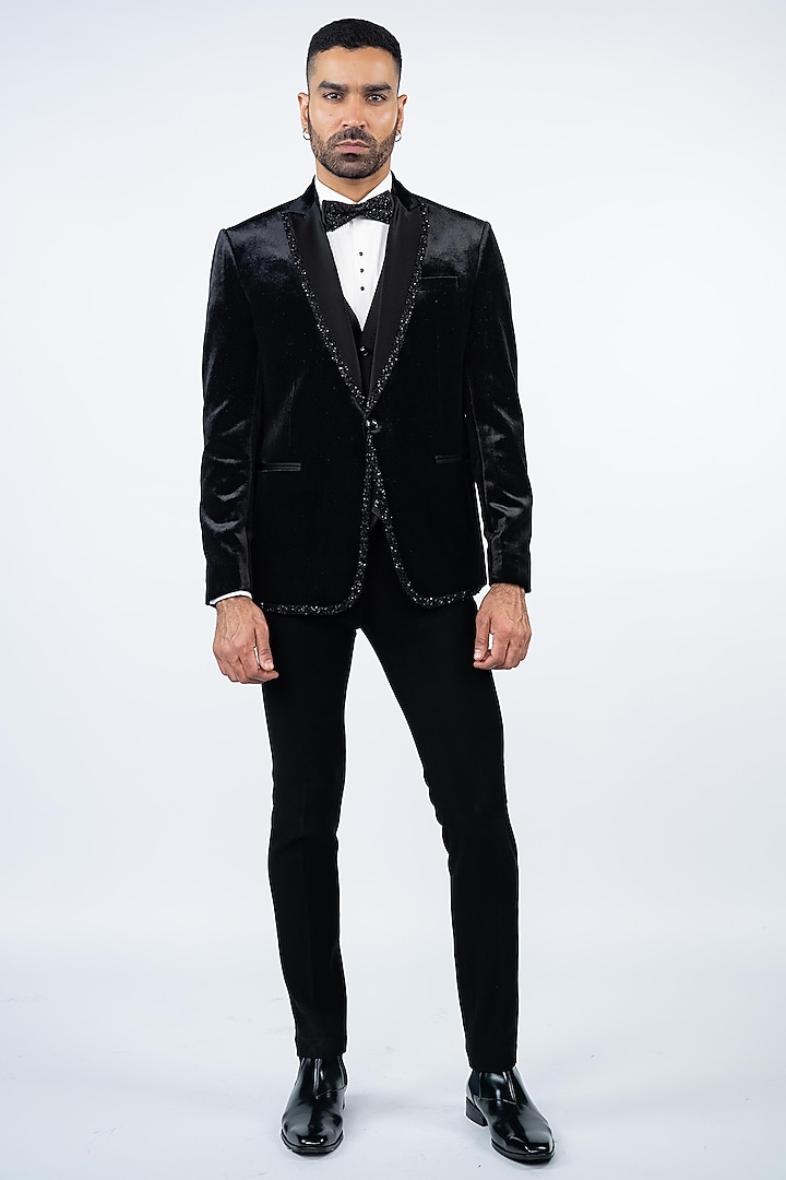 Black Velvet Hand Embroidered Tuxedo Set by ADANI