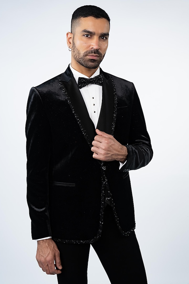 Black Velvet Hand Embroidered Tuxedo Set by ADANI at Pernia's Pop Up Shop