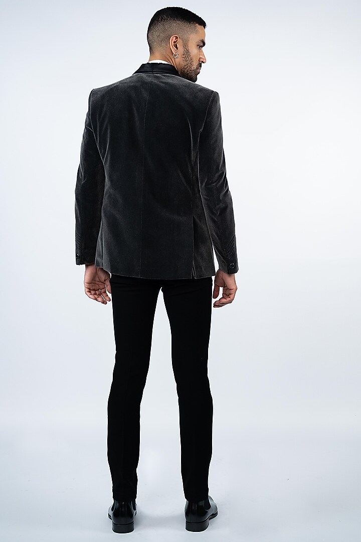 Grey Velvet Cutdana Embroidery Tuxedo Set by ADANI at Pernia's Pop Up Shop