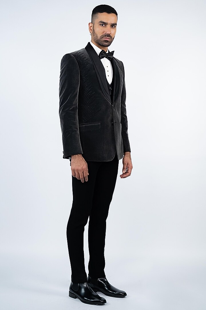 Grey Velvet Cutdana Embroidery Tuxedo Set by ADANI at Pernia's Pop Up Shop