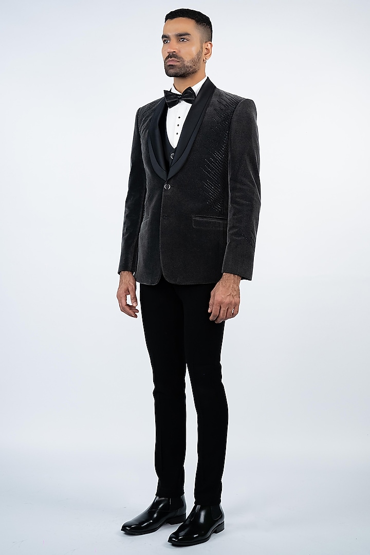 Grey Velvet Cutdana Embroidery Tuxedo Set by ADANI at Pernia's Pop Up Shop