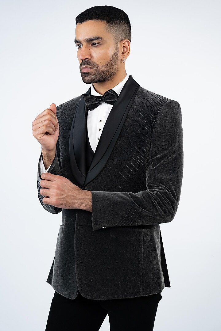 Grey Velvet Cutdana Embroidery Tuxedo Set by ADANI at Pernia's Pop Up Shop
