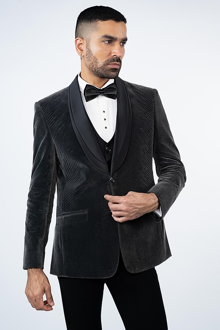 Grey Velvet Cutdana Embroidery Tuxedo Set by ADANI at Pernia's Pop Up Shop