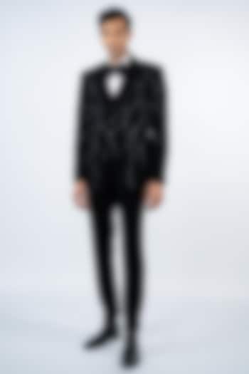 Black Poly Lycra Hand Embroidered Tuxedo Set by ADANI