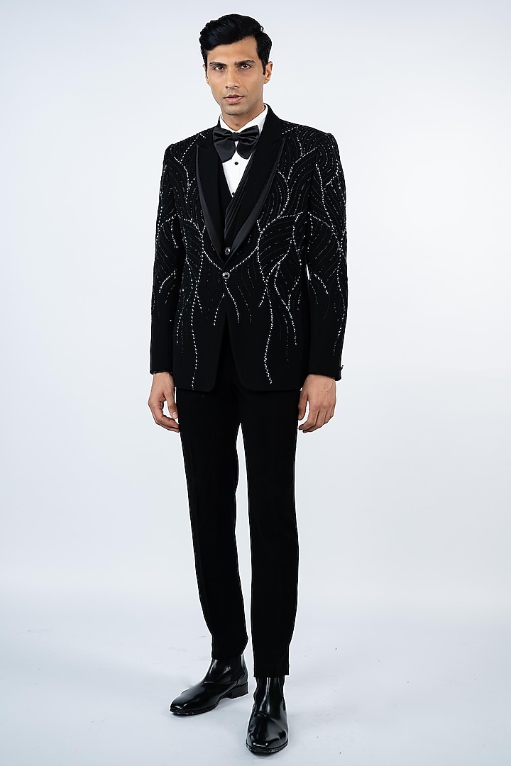 Black Poly Lycra Hand Embroidered Tuxedo Set by ADANI