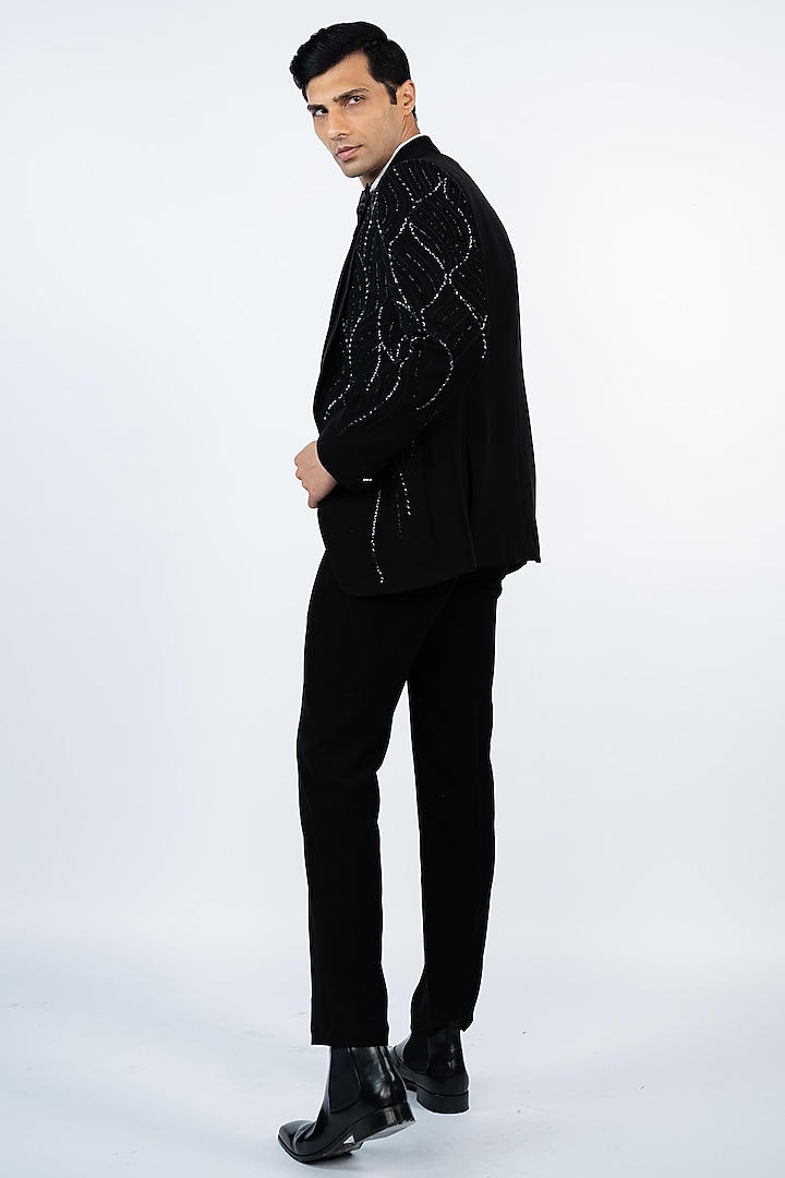 Black Poly Lycra Hand Embroidered Tuxedo Set by ADANI at Pernia's Pop Up Shop