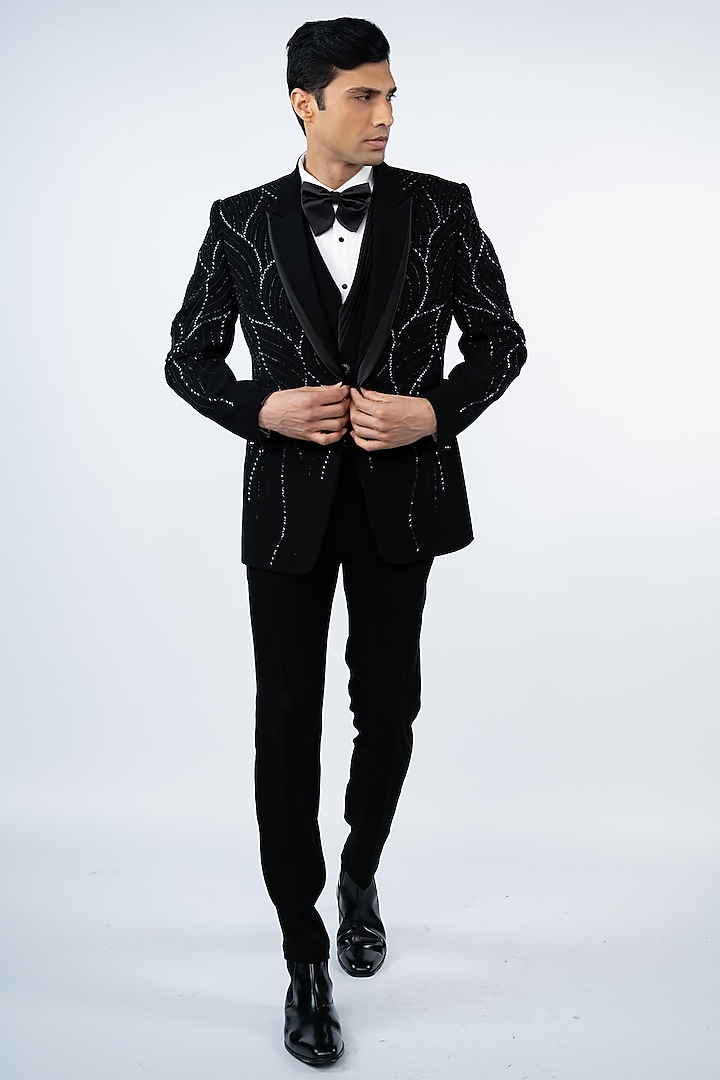 Black Poly Lycra Hand Embroidered Tuxedo Set by ADANI at Pernia's Pop Up Shop