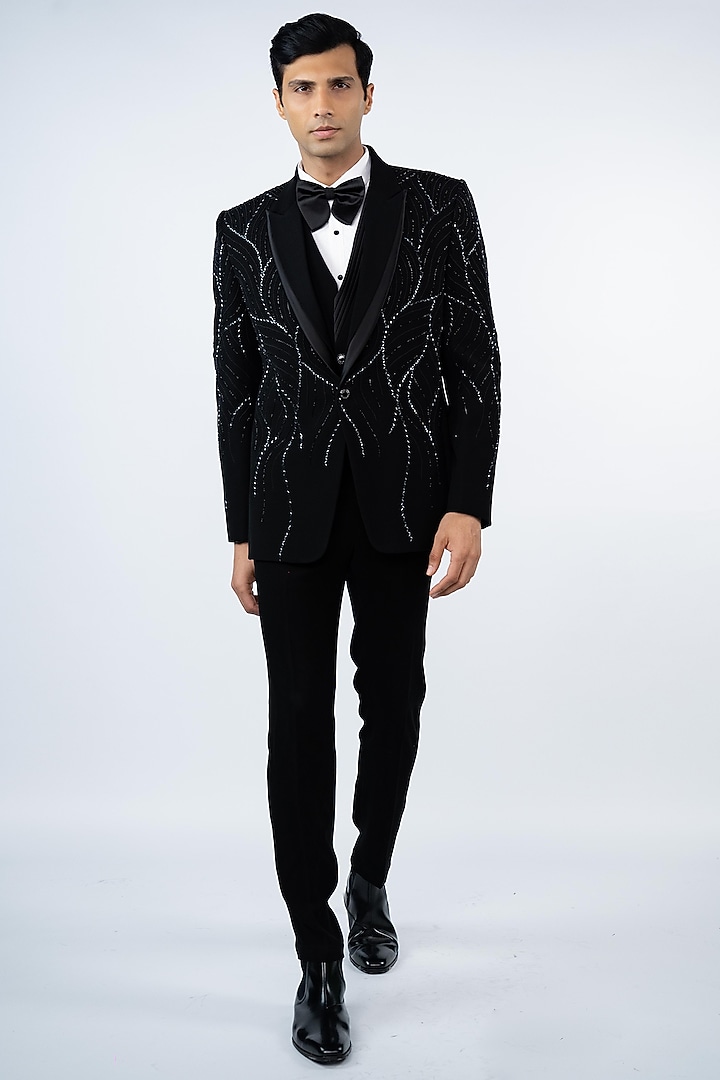 Black Poly Lycra Hand Embroidered Tuxedo Set by ADANI at Pernia's Pop Up Shop