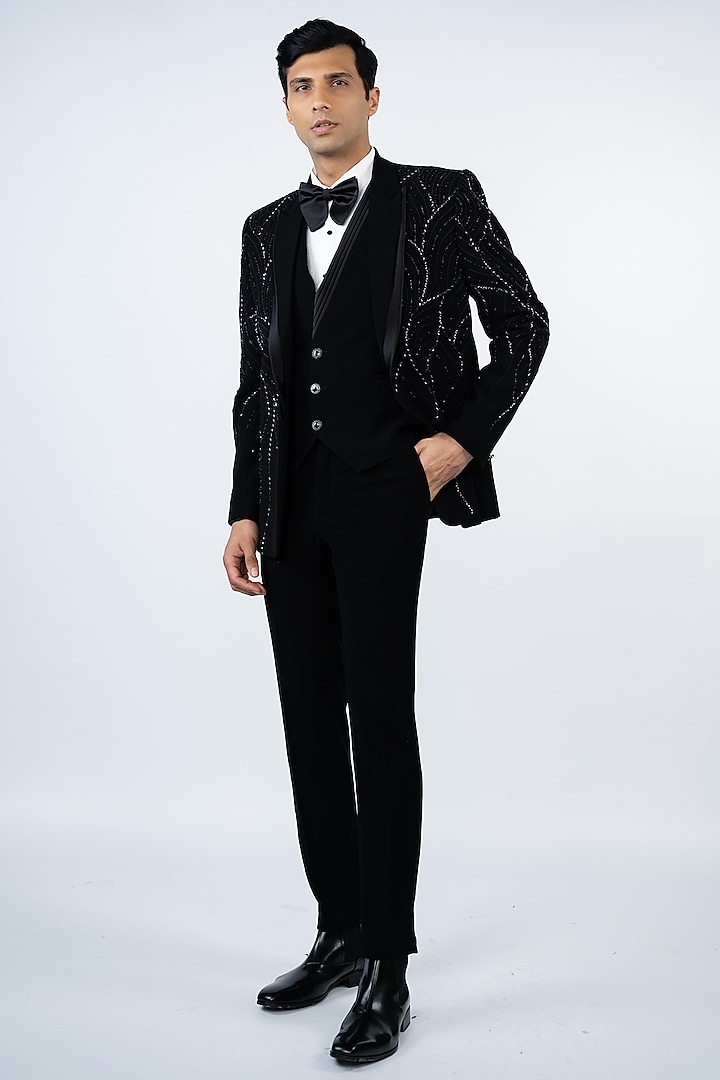 Black Poly Lycra Hand Embroidered Tuxedo Set by ADANI at Pernia's Pop Up Shop