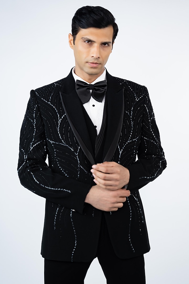 Black Poly Lycra Hand Embroidered Tuxedo Set by ADANI at Pernia's Pop Up Shop