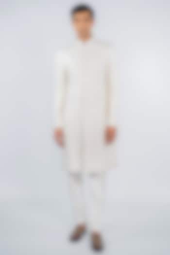 Pristine White Poly Lycra Thread Embroidered Sherwani Set by ADANI