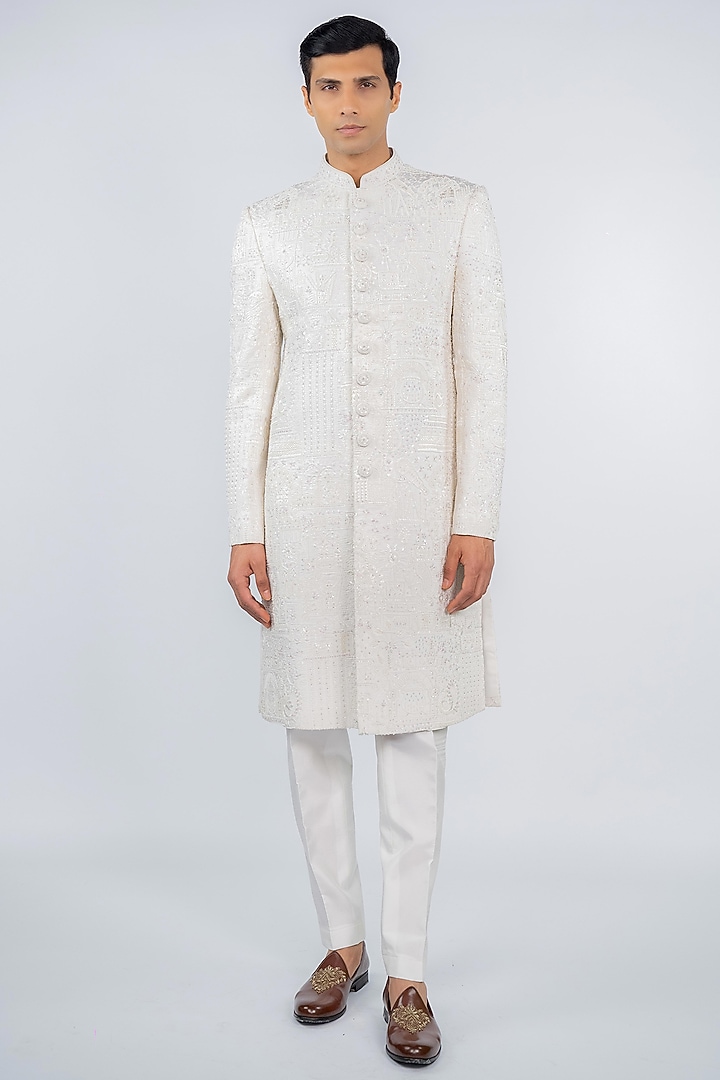 Pristine White Poly Lycra Thread Embroidered Sherwani Set by ADANI