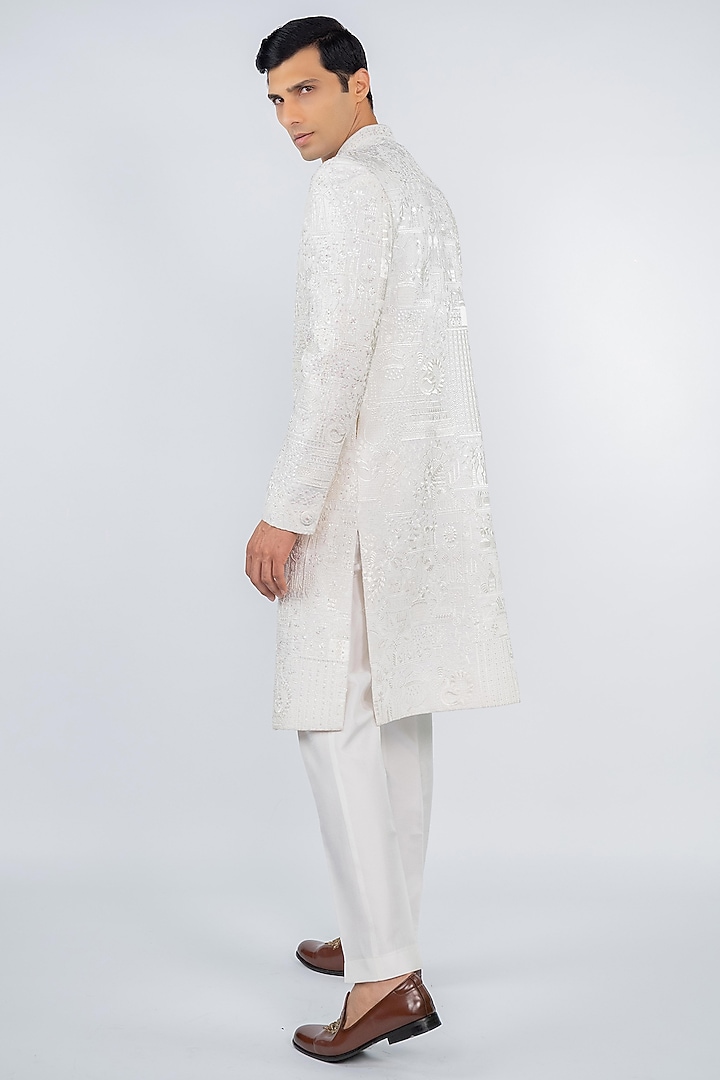 Pristine White Poly Lycra Thread Embroidered Wedding Sherwani Set by ADANI at Pernia's Pop Up Shop