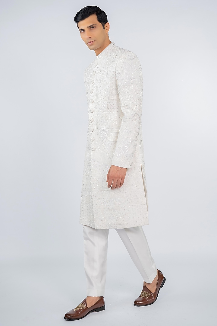 Pristine White Poly Lycra Thread Embroidered Wedding Sherwani Set by ADANI at Pernia's Pop Up Shop
