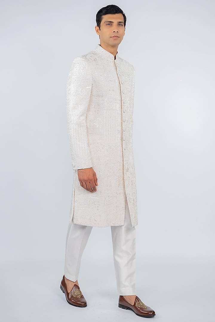Pristine White Poly Lycra Thread Embroidered Wedding Sherwani Set by ADANI at Pernia's Pop Up Shop