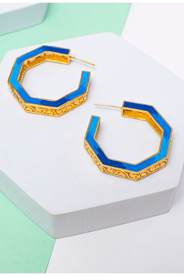 Gold Finish Blue Enameled Hoop Earrings by Aditi Bhatt