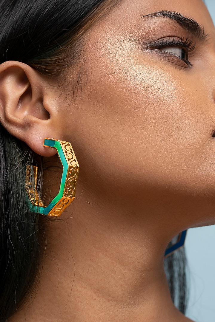 Gold Finish Blue Enameled Hoop Earrings by Aditi Bhatt at Pernia's Pop Up Shop
