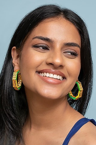 Gold Finish Green Enameled Hoop Earrings by Aditi Bhatt