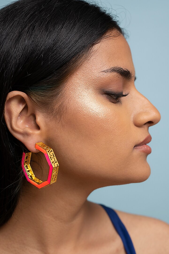 Gold Finish Green Enameled Hoop Earrings by Aditi Bhatt at Pernia's Pop Up Shop