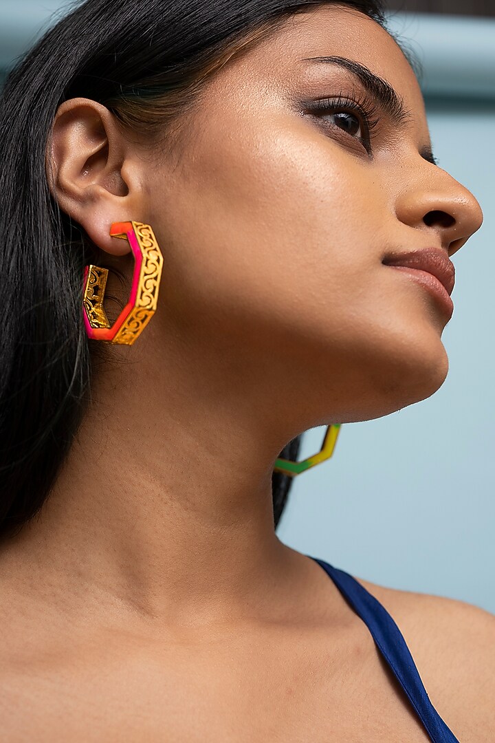 Gold Finish Green Enameled Hoop Earrings by Aditi Bhatt at Pernia's Pop Up Shop