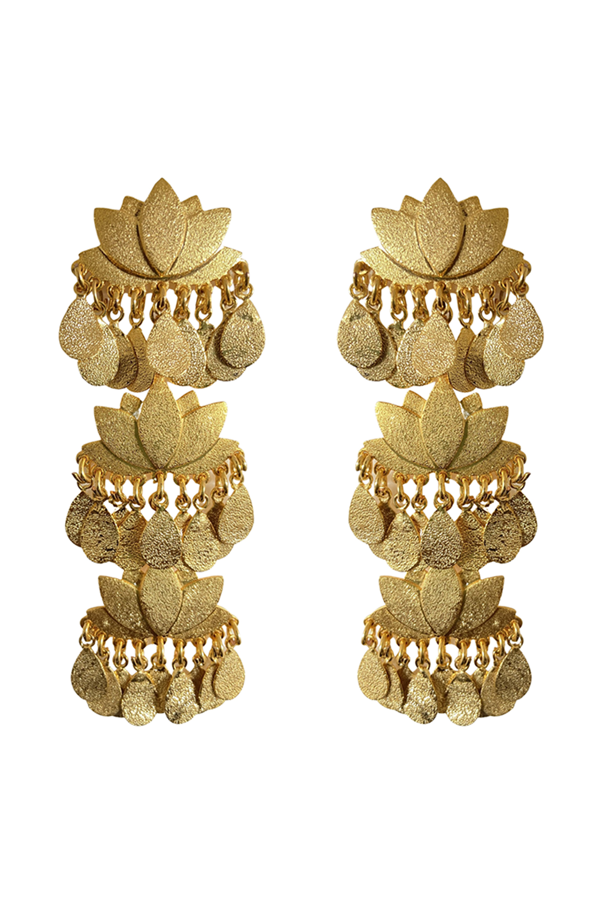 Gold Finish Textured Dangler Earrings by Aditi Bhatt at Pernia's Pop Up Shop