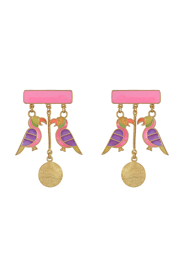Gold Finish Dangler Earrings With Pink Enamel by Aditi Bhatt