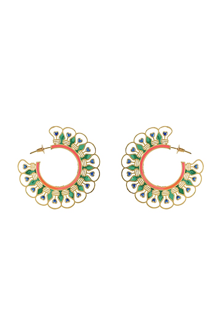 Gold Finish Green Enameled Hoop Earrings by Aditi Bhatt