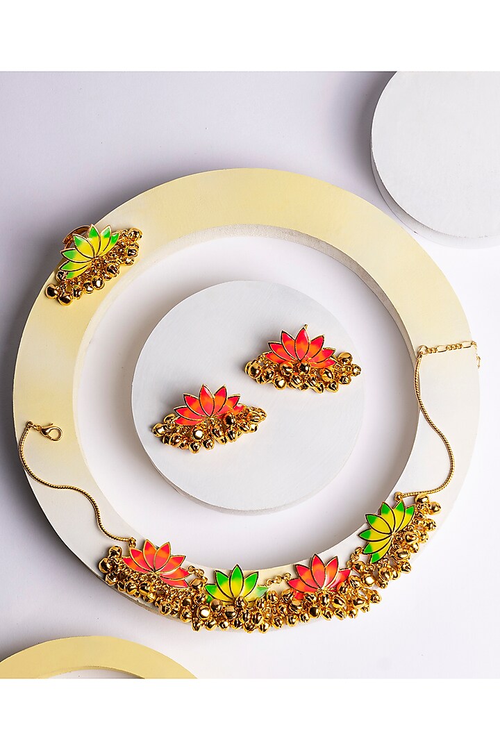 Gold Finish Enameled Choker Necklace Set by Aditi Bhatt