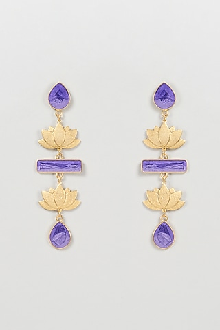 Gold Finish Lotus Dangler Earrings by Aditi Bhatt