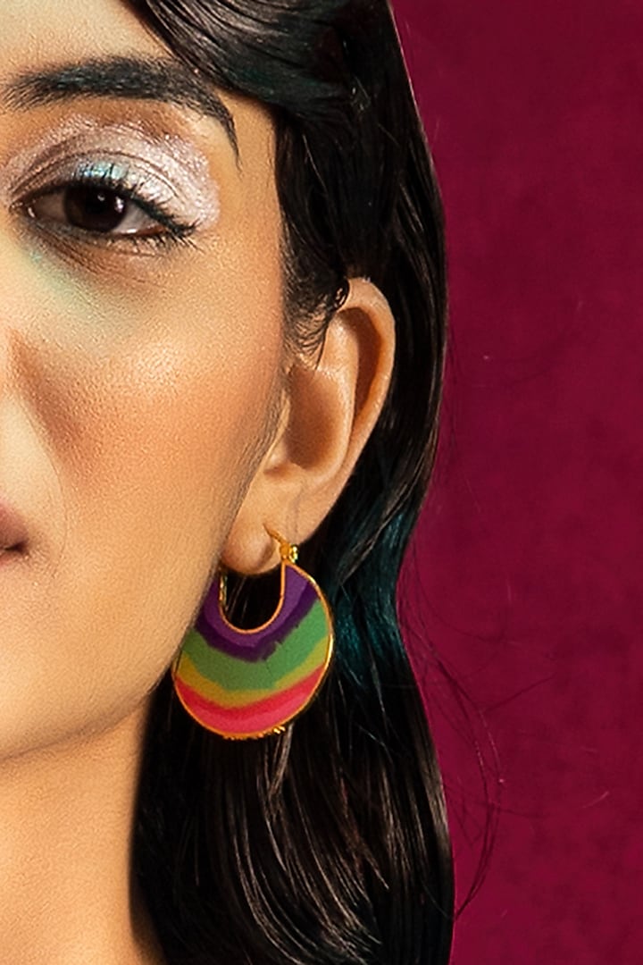 Gold Finish Multi-Colored Enameled Hoop Earrings by Aditi Bhatt