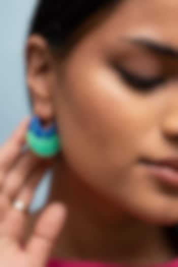 Gold Finish Turquoise & Blue Enameled Hoop Earrings by Aditi Bhatt