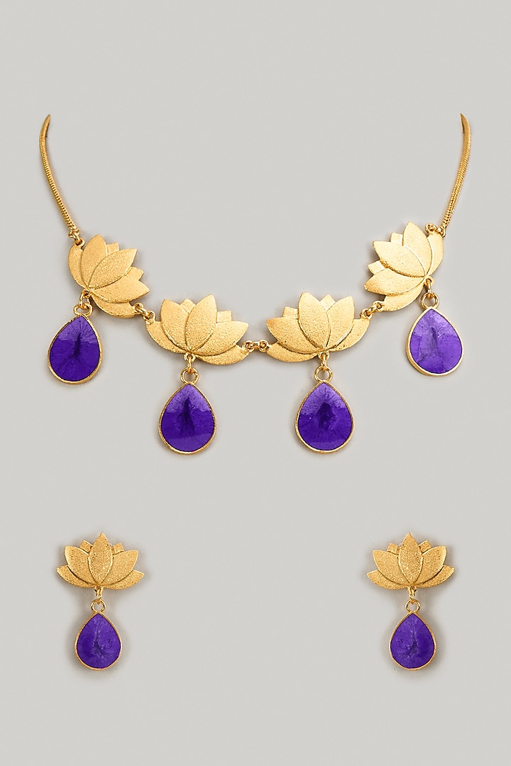 Gold Finish Purple Stone Enameled Choker Necklace Set by Aditi Bhatt