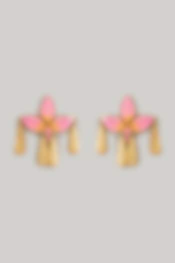 Gold Finish Pink Stone Enameled Dangler Earrings by Aditi Bhatt