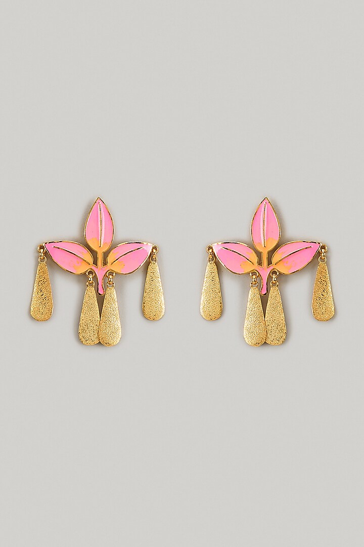 Gold Finish Pink Stone Enameled Dangler Earrings by Aditi Bhatt