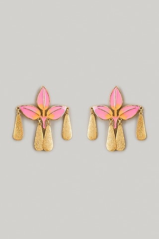 Gold Finish Pink Stone Enameled Dangler Earrings by Aditi Bhatt