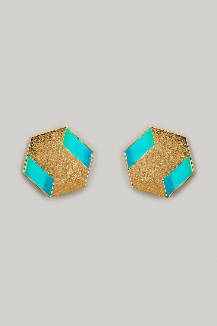 Gold Finish Turquoise Stone Enameled Stud Earrings by Aditi Bhatt
