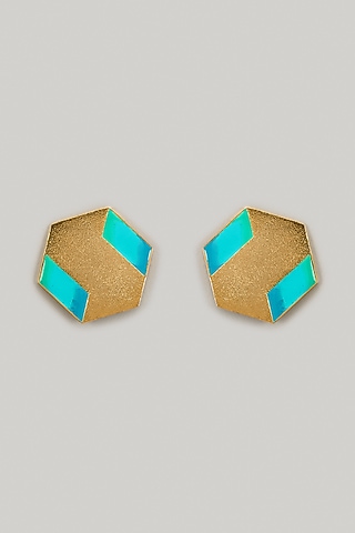 Gold Finish Turquoise Stone Enameled Stud Earrings by Aditi Bhatt