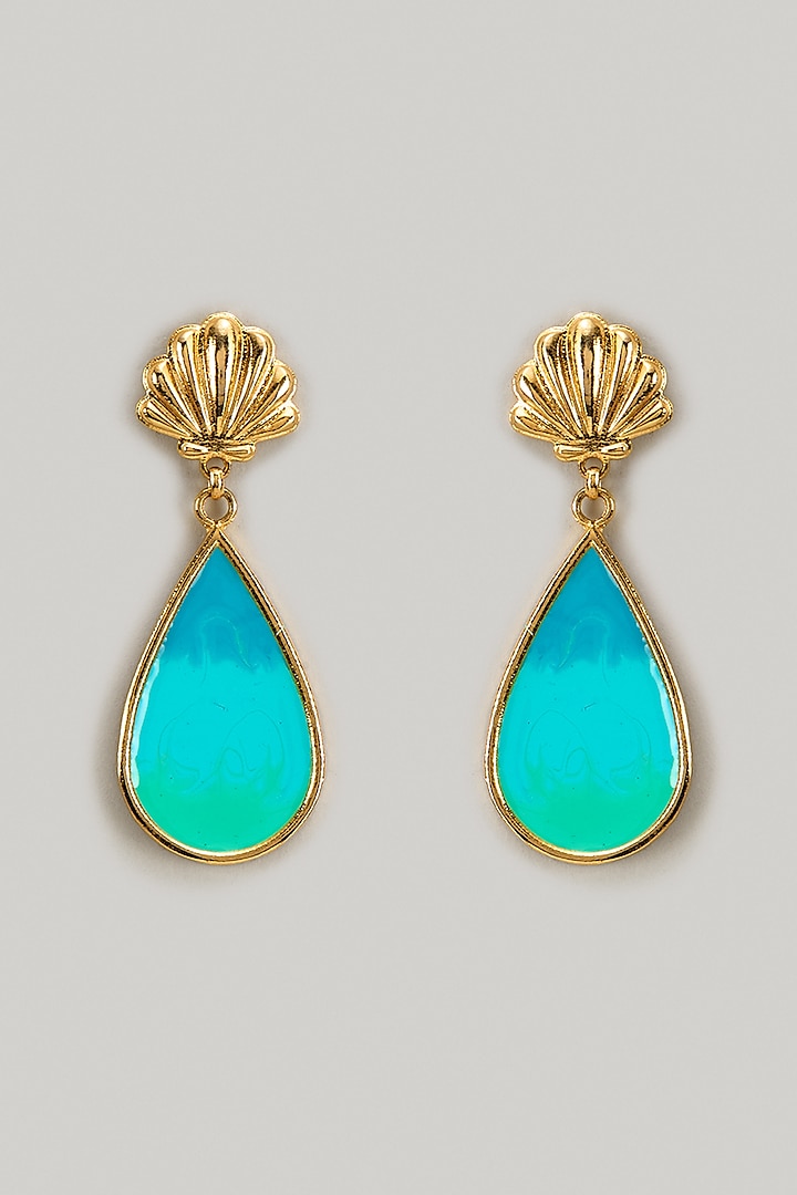 Gold Finish Turquoise Stone Enameled Dangler Earrings by Aditi Bhatt