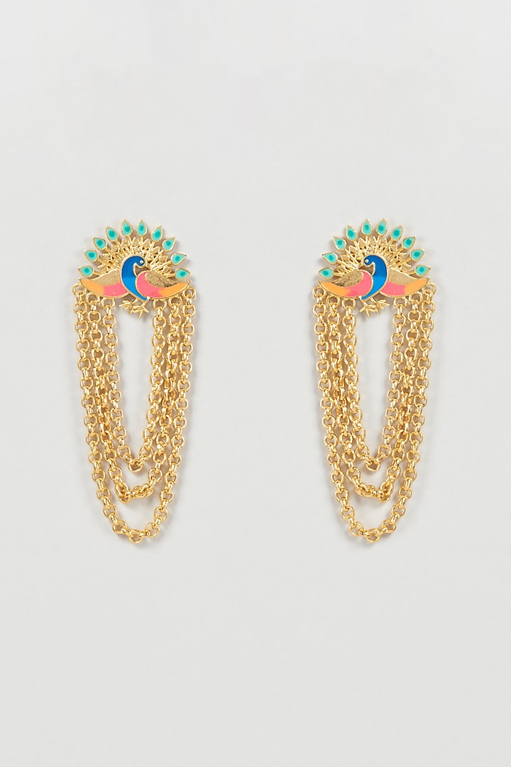 Gold Finish Peacock Dangler Earrings by Aditi Bhatt