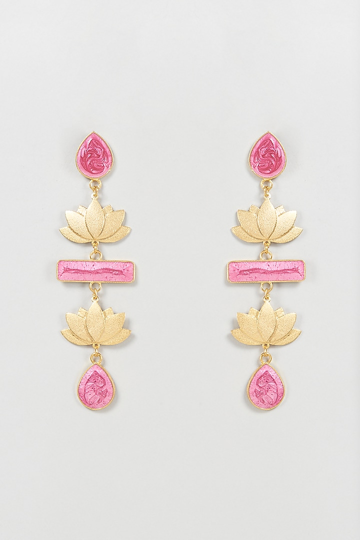 Gold Finish Lotus Dangler Earrings by Aditi Bhatt