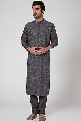 Charcoal Grey Embroidered Kurta Set by Aditya Dugar