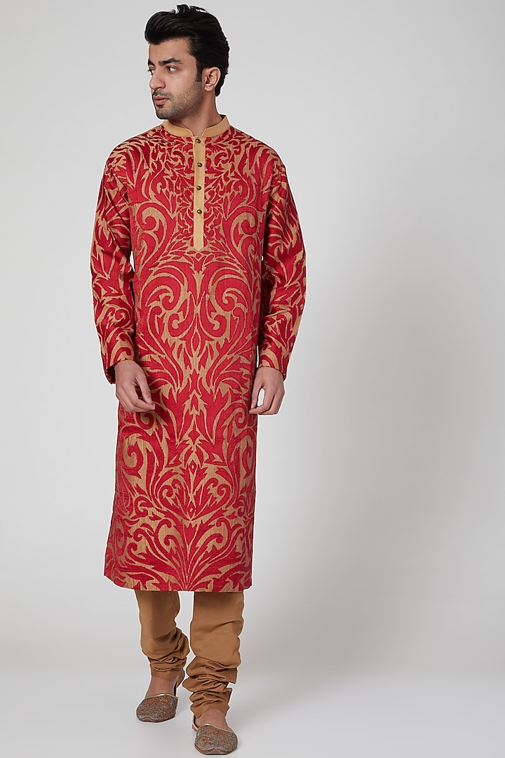 Beige & Red Embroidered Kurta Set by Aditya Dugar