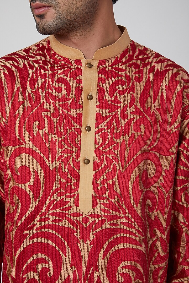 Beige & Red Embroidered Kurta Set by Aditya Dugar at Pernia's Pop Up Shop